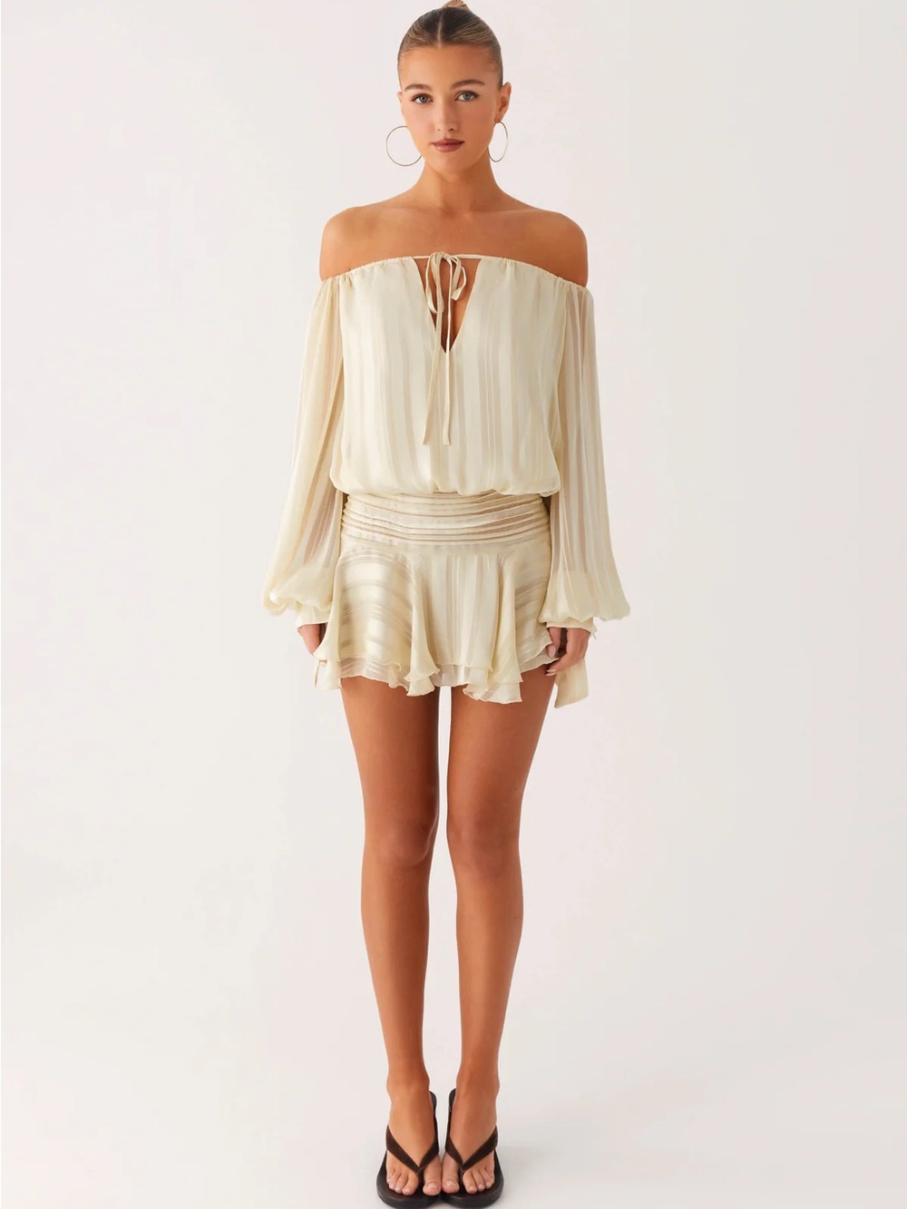Peppermayo Eira Balloon Sleeve Mini Dress Off-Shoulder Mini Dress with Tie